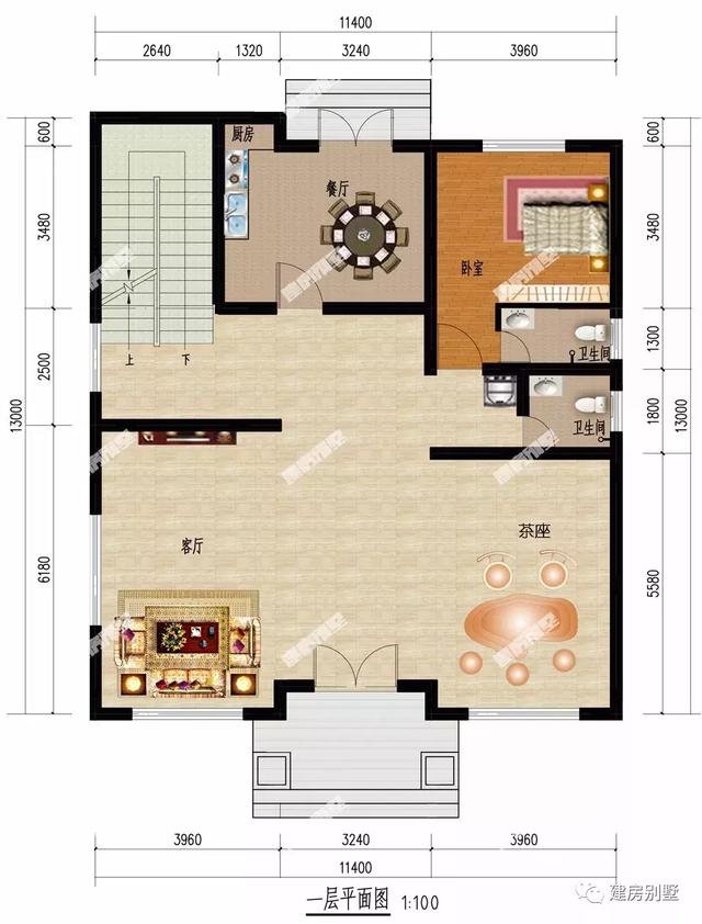 面宽11米多的农村自建房设计图，都有复式客厅，内外都大气