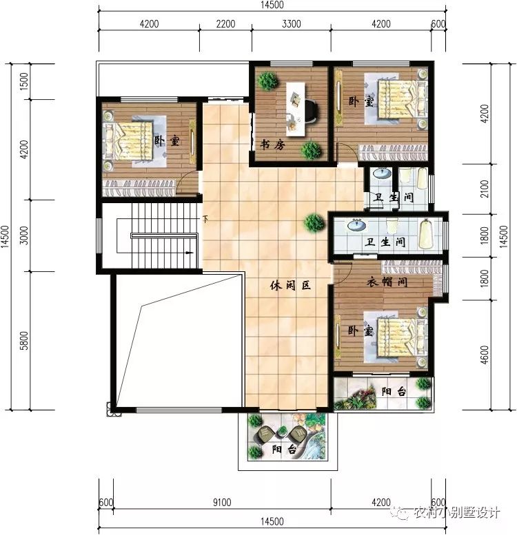 14.5X14.5米挑空客厅简约豪华的的二层农村别墅图