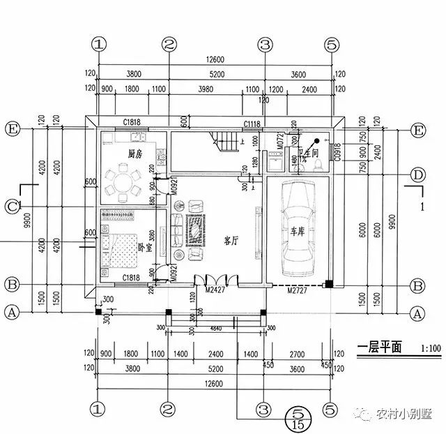 12.6x10米实用简单二层农村住宅设计图，带车库