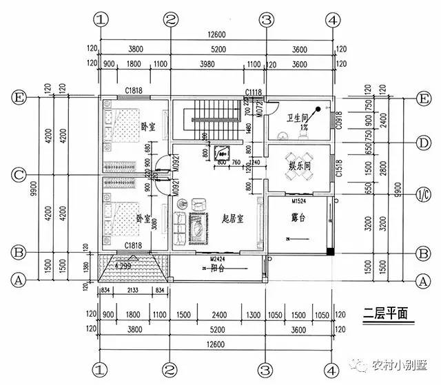 12.6x10米实用简单二层农村住宅设计图，带车库